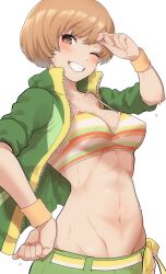 Rule 34 | 1girl, abs, bikini, highres, looking at viewer, persona, persona 4, satonaka chie, smile, solo, swimsuit