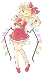 Rule 34 | 1girl, arnest, blonde hair, blush, closed mouth, collared shirt, crystal, flandre scarlet, frilled shirt collar, frilled skirt, frills, full body, hat, highres, long hair, mob cap, one eye closed, one side up, puffy short sleeves, puffy sleeves, red eyes, red footwear, red skirt, red vest, shirt, shoes, short sleeves, simple background, skirt, smile, socks, solo, touhou, vest, white background, white hat, white shirt, white socks, wings, wrist cuffs