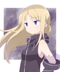 Rule 34 | 1girl, arm at side, bad id, bad pixiv id, bare shoulders, black hoodie, blonde hair, breasts, chain, close-up, closed mouth, detached sleeves, dot nose, ear piercing, earrings, expressionless, floating hair, half-closed eyes, hood, hoodie, jewelry, jitome, long hair, looking afar, magia record: mahou shoujo madoka magica gaiden, mahou shoujo madoka magica, no bra, parted bangs, piercing, purple background, purple eyes, purple theme, shaded face, sideboob, sidelocks, simple background, sleeveless, sleeveless hoodie, small breasts, solo, square, standing, two-tone background, upper body, white background, yasakana tooi, yukino kanae, zipper