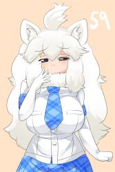 Rule 34 | 1girl, :3, ahoge, animal ear fluff, animal ears, blue necktie, blue skirt, blush, breasts, buttons, closed mouth, commentary request, cowboy shot, elbow gloves, fur collar, gloves, grey eyes, hand up, highres, kemono friends, large breasts, lets0020, lion ears, lion girl, long hair, looking at viewer, medium bangs, necktie, numbered, orange background, plaid necktie, pleated skirt, shirt, simple background, skirt, smile, smug, solo, very long hair, white gloves, white hair, white lion (kemono friends), white shirt