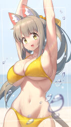 Rule 34 | 1girl, absurdres, animal ear fluff, animal ears, armpits, arms up, arukiru, beach, bikini, blurry, blurry background, breasts, brown hair, cat ears, cat tail, highres, large breasts, long hair, looking at viewer, navel, ocean, open mouth, original, outdoors, ponytail, smile, solo, swimsuit, tail, wet, yellow bikini, yellow eyes