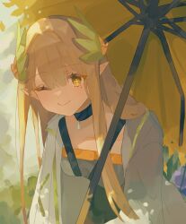 Rule 34 | 1girl, ;), arknights, black choker, blunt bangs, blush, brown hair, choker, closed mouth, coat, collarbone, hair between eyes, hair ornament, highres, holding, holding umbrella, lab coat, laurel crown, laurels, long hair, long sleeves, looking at viewer, mole, mole under eye, muelsyse (arknights), one eye closed, open clothes, open coat, outdoors, pointy ears, smile, solo, tochi (tochitochi2523), umbrella, upper body, white coat, yellow eyes, yellow umbrella