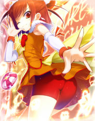 Rule 34 | 10s, 1girl, ass, bike shorts, bike shorts under skirt, choker, cure sunny, detached sleeves, dress, earrings, hair bun, hino akane (smile precure!), jewelry, magical girl, migumigu, one eye closed, orange dress, orange eyes, orange hair, orange skirt, orange theme, outstretched arm, precure, red shorts, short hair, shorts, shorts under skirt, single hair bun, skirt, smile, smile pact, smile precure!, solo, tiara, wink