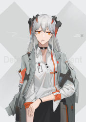 Rule 34 | 1girl, absurdres, arknights, text background, black choker, character name, choker, cigarette, coat, coat on shoulders, collared shirt, cowboy shot, dragon girl, dragon horns, grey background, grey coat, highres, horns, id card, long sleeves, looking at viewer, mouth hold, open clothes, open coat, orange eyes, parted lips, saria (arknights), senkane, shirt, smoke, smoking, solo, two-tone background, v-shaped eyebrows, white shirt, wristband