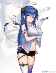 Rule 34 | 1girl, arknights, black halo, black skirt, blue eyes, blue hair, blush, breasts, cameo, charm (object), clothes lift, cowboy shot, dark halo, demon horns, demon tail, energy wings, exusiai (arknights), gloves, halo, highres, holding, holding syringe, horns, kuroshiroemaki, large breasts, lifting own clothes, long hair, looking at viewer, microskirt, midriff, mostima (arknights), navel, shirt, shirt lift, skirt, smile, solo, syringe, tail, thigh strap, thighhighs, white gloves, white shirt, white thighhighs, zoom layer