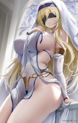 Rule 34 | 1girl, armlet, asymmetrical bangs, bare shoulders, blindfold, blonde hair, blue trim, bracelet, breasts, bridal gauntlets, church, covered eyes, covered navel, cyicheng, detached sleeves, dress, elbow gloves, gloves, goblin slayer!, gold trim, habit, hand on own chest, jewelry, large breasts, light, long hair, no bra, no panties, nun, parted lips, patreon username, pelvic curtain, see-through, sideboob, sideless outfit, sitting, smile, solo, stained glass, sword maiden, thighs, white dress, white gloves