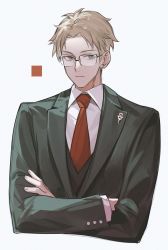 Rule 34 | 1boy, bishounen, blonde hair, closed mouth, crossed arms, formal, glasses, green eyes, green suit, highres, male focus, necktie, pienahenggou, red necktie, shirt, simple background, solo, spy x family, suit, twilight (spy x family), upper body, white background, white shirt