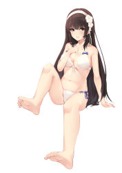 Rule 34 | 1girl, barefoot, bikini, black hair, breasts, cleavage, feet, foot focus, full body, girls&#039; frontline, hairband, hentai kuwa, highres, large breasts, long hair, looking at viewer, official alternate costume, side-tie bikini bottom, simple background, sitting, smile, soles, solo, swimsuit, toes, type 95 (girls&#039; frontline), type 95 (summer cicada) (girls&#039; frontline), white background, white bikini, white hairband, yellow eyes
