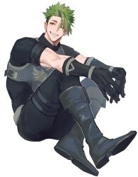 Rule 34 | 1boy, absurdres, achilles (fate), armor, black footwear, black gloves, black pants, black shirt, boots, brown eyes, fate/apocrypha, fate (series), gloves, green hair, grin, haruakira, highres, looking at viewer, male focus, mature male, pants, ribbed shirt, shirt, short hair, simple background, sitting, smile, undercut, white background