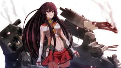 Rule 34 | 10s, 1girl, bleeding, blood, blood from mouth, breasts, brown hair, burnt clothes, cherry blossoms, commentary request, cowboy shot, damaged, detached sleeves, hair between eyes, hair down, hip vent, injury, kantai collection, large breasts, long hair, miniskirt, petals, pleated skirt, ponpu-chou, red skirt, rigging, single thighhigh, skirt, smoke, solo, thighhighs, torn clothes, turret, upper body, very long hair, yamato (kancolle)