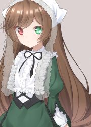 Rule 34 | 1girl, absurdres, apron, black ribbon, brown hair, floating hair, frilled apron, frilled sleeves, frills, green apron, green eyes, grey background, heterochromia, highres, ise dango, long hair, long sleeves, looking at viewer, neck ribbon, red eyes, ribbon, rozen maiden, simple background, solo, standing, suiseiseki, very long hair, waist apron