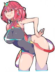 Rule 34 | 1girl, black one-piece swimsuit, breasts, competition swimsuit, covered navel, earrings, enpe, highres, jewelry, large breasts, nintendo, one-piece swimsuit, open mouth, pyra (pro swimmer) (xenoblade), pyra (xenoblade), red eyes, red hair, short hair, sidelocks, simple background, solo, swept bangs, swimsuit, tiara, white background, xenoblade chronicles (series), xenoblade chronicles 2
