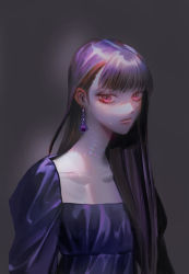 Rule 34 | 1girl, absurdres, blunt bangs, closed mouth, collarbone, dress, earrings, eyelashes, gem, glowing, grey background, hair behind ear, hair over shoulder, highres, jewelry, jia jung, korean commentary, lips, long hair, looking at viewer, medea solon, mole, mole under eye, purple dress, purple eyes, purple gemstone, purple hair, purple theme, red eyes, solo, straight hair, upper body, your throne