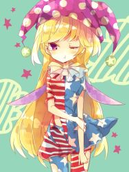 Rule 34 | 1girl, :t, american flag dress, american flag legwear, blonde hair, blush, clownpiece, cowboy shot, crying, dress, fairy wings, green background, hat, jester cap, looking at viewer, neck ruff, nikorashi-ka, one eye closed, pantyhose, pink eyes, polka dot, pout, simple background, solo, standing, star (symbol), star print, striped, tears, torn clothes, torn dress, torn pantyhose, touhou, wings