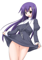 Rule 34 | 00s, 1girl, breasts, clothes lift, cross, jewelry, kannagi, large breasts, long hair, mikagami sou, necklace, no panties, no pussy, nun, open mouth, purple hair, pussy, red eyes, simple background, skirt, skirt lift, smile, solo, thighs, white background, zange
