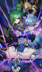 Rule 34 | 2girls, alternate eye color, armpits, blue eyes, blue hair, breasts, censored, corruption, dress, duel monster, el shaddoll winda, fins, green eyes, green hair, groping, head fins, heterochromia, high ponytail, highres, large breasts, long hair, multiple girls, novelty censor, open mouth, pink eyes, spread legs, tearlaments kitkallos, thighhighs, thighs, tiara, wide spread legs, winda (yu-gi-oh!), yu-gi-oh!, yuri, yutou yutou yu