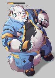 Rule 34 | 1boy, animal ears, assault visor, bara, belly, between legs, blue fur, blush, dog boy, dog ears, embarrassed, fat, fat man, from above, full body, furry, furry male, health bar, highres, live a hero, male focus, multicolored hair, nipples, open jumpsuit, park draw, penis, penis peek, shirt, solo, sparse arm hair, standing, streaked hair, tail, tail between legs, tearing up, thick eyebrows, thick navel hair, torn clothes, torn shirt, white fur, yohack