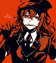 Rule 34 | 1boy, amamiya ren, black necktie, collared shirt, commentary request, crossdressing, hair between eyes, hands up, hat, highres, holding, jacket, long hair, male focus, necktie, parted lips, peaked cap, persona, persona 5, persona 5: dancing star night, persona dancing, red background, red eyes, red hair, red hat, red jacket, riding crop, shirt, signature, simple background, sofra, solo, trap, twitter username, upper body, white shirt