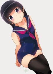 Rule 34 | 1girl, black eyes, black hair, black thighhighs, blue one-piece swimsuit, blush, gokou ruri, highres, hime cut, long hair, looking at viewer, mole, mole under eye, nontraditional school swimsuit, one-piece swimsuit, ore no imouto ga konna ni kawaii wake ga nai, sailor collar, sailor swimsuit, school swimsuit, simple background, smile, solo, suzumeko, swimsuit, thighhighs