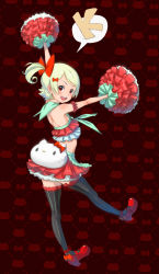 Rule 34 | 1girl, arm garter, bare back, bare shoulders, black thighhighs, bow, cheerleader, frills, gathers, green hair, hair bow, hello kitty, highres, mary janes, muuten, nekomura iroha, open mouth, original, pom pom (cheerleading), ponytail, red eyes, sanrio, shoes, short hair, skirt, smile, solo, striped clothes, striped thighhighs, thighhighs, vertical-striped clothes, vertical-striped thighhighs, vocaloid, zettai ryouiki