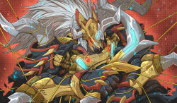 1boy armor black_armor digimon digimon_(creature) dragon dual_wielding gaioumon helmet holding holding_sword holding_weapon horns long_hair male_focus red_background red_eyes shoulder_armor shoulder_spikes solo spikes sword treybarksart weapon white_hair