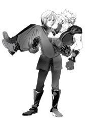 Rule 34 | 2boys, age difference, aged down, arm armor, belt, blush, boots, carrying, chest strap, chinese commentary, closed eyes, cloud strife, coat, commentary request, embarrassed, final fantasy, final fantasy vii, final fantasy vii ever crisis, full body, gloves, greyscale, hand on own forehead, height difference, highres, implied yaoi, knee boots, looking at another, male focus, monochrome, multiple belts, multiple boys, pants, princess carry, screentones, sephiroth, short hair, simple background, sleeveless, sleeveless turtleneck, smile, spiked hair, standing, suizs 017, suspenders, sweatdrop, time paradox, toned, toned male, turtleneck, white background