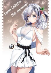 Rule 34 | 1girl, anniversary, breasts, copyright name, dress, flower, grey eyes, grey hair, hachiware (8ware63), hair flower, hair ornament, highres, kantai collection, long hair, medium breasts, one side up, sleeveless, sleeveless dress, smile, solo, suzutsuki (kancolle), white dress