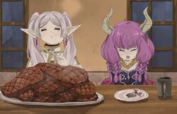 Rule 34 | 2girls, = =, acorn, aura (sousou no frieren), aura bullying (meme), braid, capelet, crying, cup, demon girl, demon horns, eating, elf, food, food in mouth, fork, frieren, gold trim, highres, holding, holding fork, horns, indoors, jewelry, long hair, meme, mug, multiple girls, muntins, naaga sonomono, necklace, parted bangs, plate, pointy ears, purple hair, restaurant, short eyebrows, sitting, sousou no frieren, steak, table, thick eyebrows, twintails, white capelet, white hair, window