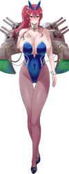 Rule 34 | 1girl, alternate costume, animal ears, asymmetrical hair, azur lane, bare shoulders, black footwear, blue hairband, blue leotard, blush, breast suppress, breasts, cameltoe, cleavage, closed mouth, commentary, covered erect nipples, covered navel, crossed legs, detached collar, embarrassed, fake animal ears, fishnet pantyhose, fishnets, full body, gluteal fold, hair between eyes, hairband, high heels, highleg, highleg leotard, huge breasts, ishizu kayu, italian flag, leotard, long hair, looking at viewer, orange eyes, pantyhose, playboy bunny, rabbit ears, red hair, rigging, side ponytail, sidelocks, simple background, solo, standing, sweatdrop, thigh gap, turret, white background, wing collar, wrist cuffs, zara (azur lane)