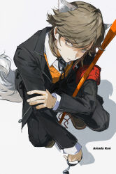 Rule 34 | 1boy, absurdres, aged up, amada ken, animal ears, black jacket, black pants, black ribbon, brown hair, character name, collared shirt, dog ears, dog tail, from above, gekkoukan high school uniform, highres, jacket, long sleeves, looking at viewer, male focus, neck ribbon, ooc (sylyaoh), orange sweater vest, pants, parted lips, persona, persona 3, persona 4: the ultimate in mayonaka arena, persona 4: the ultimax ultra suplex hold, ribbon, s.e.e.s, school uniform, shirt, short hair, solo, squatting, sweater vest, tail, white shirt, yellow eyes