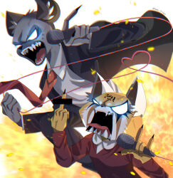Rule 34 | 1boy, 1girl, aggressive retsuko, angry, artist name, bar censor, black suit, censored, clenched hand, couple, explosion, fangs, formal, furious, furry, furry female, furry male, glowing, glowing eyes, haida (aggretsuko), heart, highres, holding, holding microphone, long sleeves, microphone, middle finger, music, necktie, retsuko, shirt, singing, suit, under etchan, white shirt