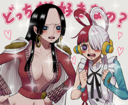 Rule 34 | 2girls, black hair, blue eyes, blush, boa hancock, breasts, collarbone, earrings, headset, jewelry, long hair, looking at viewer, medium breasts, multiple girls, one piece, open mouth, purple eyes, tsumimaru, twintails, upper body, uta (one piece)