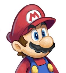 Rule 34 | 1boy, blue eyes, blue overalls, brown hair, facial hair, hat, mari luijiroh, mario, mario (series), mustache, nintendo, overalls, red hat, red shirt, shirt, short hair, simple background, solo, upper body, white background
