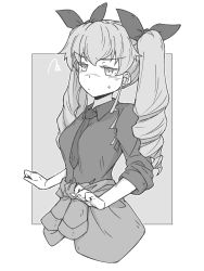 Rule 34 | 1girl, absurdres, anchovy (girls und panzer), anzio military uniform, blush, closed mouth, clothes around waist, commentary request, cropped torso, dress shirt, drill hair, frown, girls und panzer, greyscale, hair ribbon, half-closed eyes, highres, long hair, long sleeves, looking at viewer, military, military uniform, monochrome, necktie, outside border, partial commentary, renshiu, ribbon, shirt, sleeves rolled up, solo, squiggle, standing, sweatdrop, twin drills, twintails, uniform, wing collar