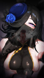 1girl absurdres alternate_costume black_gloves blue_flower blue_hat blue_rose breasts china_dress chinese_clothes commentary_request dress flower forked_tongue from_above gloves hair_over_one_eye half-closed_eyes hat hermityy highres large_breasts long_tongue looking_at_viewer mouth_veil open_mouth oral_invitation piercing purple_eyes rice_shower_(umamusume) rose saliva solo tilted_headwear tongue tongue_out tongue_piercing umamusume upper_body veil