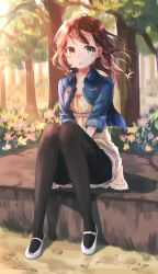 Rule 34 | 1girl, absurdres, bad id, bad pixiv id, black pantyhose, blush, bow, brown hair, collarbone, day, dress, flower, full body, highres, jacket, knees together feet apart, long hair, looking away, maka neko, mary janes, open clothes, open jacket, original, outdoors, pantyhose, parted lips, pink bow, shoes, sitting, solo, tree, white footwear, wind, yellow dress, yellow eyes