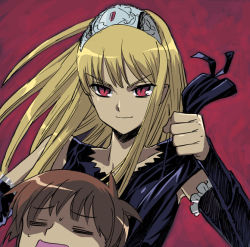 Rule 34 | 00s, 1boy, 1girl, = =, blonde hair, closed mouth, collarbone, detached sleeves, dress, etorouji shiono, evil smile, frills, gem, gloves, hime (kaibutsu oujo), hiyorimi hiro, kaibutsu oujo, long sleeves, looking at viewer, open mouth, red eyes, shaded face, shadow, shiono etorouji, sleeveless, sleeveless dress, smile, tiara, upper body