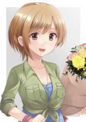 Rule 34 | 1girl, :d, aiba yumi, blonde hair, blue dress, blush, bouquet, breast pocket, closed eyes, collar, collared shirt, dress, floral print, flower, front-tie top, green shirt, highres, holding, holding bouquet, idolmaster, idolmaster cinderella girls, jewelry, looking at viewer, marimo kei, medium hair, necklace, open mouth, pocket, round teeth, shirt, short hair, sleeves past elbows, smile, solo, tareme, teeth, tied shirt, upper body, wing collar, wristband, yellow flower