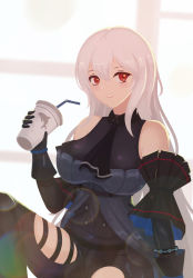 Rule 34 | 1girl, arknights, arm cuffs, ascot, bare shoulders, black ascot, black gloves, black pants, black shirt, breasts, chinese commentary, clothing cutout, commentary, cup, disposable cup, drinking straw, elite ii (arknights), from behind, gloves, gradient background, hair between eyes, hand up, highres, holding, holding cup, infection monitor (arknights), lieyan huangzi, long hair, looking at viewer, looking to the side, low-tied long hair, medium breasts, no headwear, pants, parted lips, red eyes, shirt, sideways glance, silver hair, sitting, skadi (arknights), skadi (elite ii) (arknights), solo, thigh cutout, thigh strap, thighs, very long hair