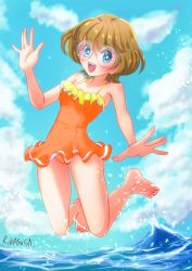 Rule 34 | 1girl, :d, arm up, artist name, bare arms, bare legs, bare shoulders, barefoot, blue eyes, brown hair, cloud, cloudy sky, commentary request, day, female focus, frilled swimsuit, frills, glasses, happy, ichinose minori, jumping, kasuga rurito, legs up, ocean, one-piece swimsuit, open mouth, orange one-piece swimsuit, outdoors, precure, round eyewear, round teeth, shiny skin, short hair, signature, single stripe, sky, smile, solo, spaghetti strap, splashing, swimsuit, teeth, tropical-rouge! precure, upper teeth only, water, waves