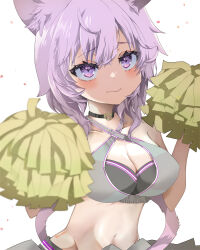 Rule 34 | 1girl, 2ndope, absurdres, animal ear fluff, animal ears, blush, breasts, cat ears, cat girl, cat tail, cheerleader, choker, cleavage, grey shirt, halterneck, highres, hololive, large breasts, looking at viewer, medium hair, navel, nekomata okayu, pom pom (cheerleading), purple eyes, purple hair, shirt, skirt, smile, solo, tail, virtual youtuber