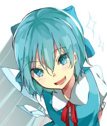 Rule 34 | 1girl, arms behind back, biscuit (bis0), blue dress, blue eyes, blue hair, blue ribbon, bow, cirno, dress, hair between eyes, hair bow, hair ribbon, ice, ice wings, looking at viewer, open mouth, pov, ribbon, short hair, smile, solo focus, touhou, wings