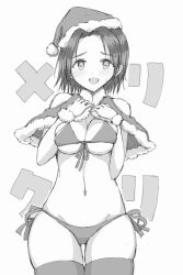Rule 34 | 1girl, bikini, blush, breasts, capelet, christmas, cleavage, clothing cutout, commentary, cowboy shot, english commentary, front-tie bikini top, front-tie top, fur-trimmed capelet, fur trim, girls und panzer, greyscale, groin, hands on own chest, hat, highres, looking at viewer, medium breasts, merry christmas, mixed-language commentary, monochrome, nana (manaita koumuten), navel, open mouth, parted bangs, santa hat, sawa azusa, short hair, shoulder cutout, side-tie bikini bottom, sketch, smile, solo, standing, sweatdrop, swimsuit, translated