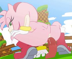 Rule 34 | 1girl, amy rose, animated, animated gif, anus, ass, boots, bracelet, breasts, cloud, dildo, dildo riding, female masturbation, furry, furry female, gloves, green eyes, headband, hecticarts, jewelry, looking at viewer, looking back, masturbation, nude, object insertion, outdoors, ring, sega, sex, sex toy, smile, solo, sonic (series), spread legs, squatting, tail, vaginal, vaginal object insertion