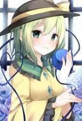 Rule 34 | 1girl, black hat, blush, bow, breasts, commentary request, frilled shirt collar, frilled sleeves, frills, green eyes, green hair, hair between eyes, hand up, hat, hat bow, heart, heart of string, highres, karasusou nano, koishi day, komeiji koishi, light smile, long sleeves, looking at viewer, short hair, small breasts, solo, third eye, touhou, upper body, wide sleeves, yellow bow