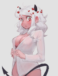 Rule 34 | 1girl, :t, blush, breasts, charles (106858), cowboy shot, demon horns, demon tail, ear blush, grey background, heart, heart-shaped pupils, helltaker, highres, horns, korean commentary, large breasts, long hair, looking at viewer, modeus (helltaker), naked shirt, no panties, pointy ears, red eyes, shirt, sidelocks, simple background, sketch, solo, symbol-shaped pupils, tail, white hair