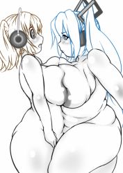 Rule 34 | 2girls, blonde hair, blue hair, breast press, breasts, fat, gotoshi, hatsune miku, headphones, large breasts, multiple girls, nitroplus, obese, super pochaco, symmetrical docking, thick thighs, thighs, vocaloid