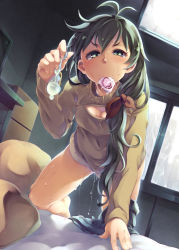 Rule 34 | 1girl, aftersex, blush, breasts, cleavage, cleavage cutout, clothing cutout, condom, condom in mouth, cum, ganaha hibiki, green eyes, green hair, idolmaster, idolmaster (classic), long hair, looking at viewer, matching hair/eyes, medium breasts, meme attire, mouth hold, open-chest sweater, ponytail, pussy juice, soine, solo, sweater, turtleneck, used condom