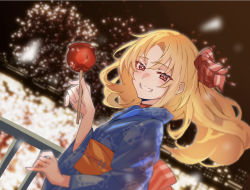 Rule 34 | 1girl, alternate costume, azur lane, blonde hair, blue kimono, blurry, blurry background, blush, bokeh, bu4321, candy apple, cleveland (azur lane), depth of field, fireworks, floating hair, food, grin, hair down, hand up, highres, holding, holding food, japanese clothes, kimono, long hair, looking at viewer, night, obi, outdoors, parted bangs, red eyes, sash, smile, solo, teeth, upper body, yukata