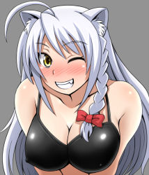 Rule 34 | 10s, 1girl, ahoge, animal ears, black bra, blush, bra, braid, breasts, breasts squeezed together, cleavage, covered erect nipples, dog days, fang, jean-louis (yuasa rengou), large breasts, leonmitchelli galette des rois, lingerie, lion ears, long hair, one eye closed, simple background, single braid, solo, underwear, v arms, white hair, wink, yellow eyes